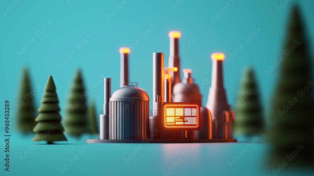 Poster futuristic oil refinery with glowing demand graph - energy output visualization in