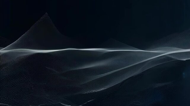 Abstract grey 3d computer fabric flowing in the empty black space with pixels. Floating electro magnetic signal simulation for tech corporative presentation or promo clip.
