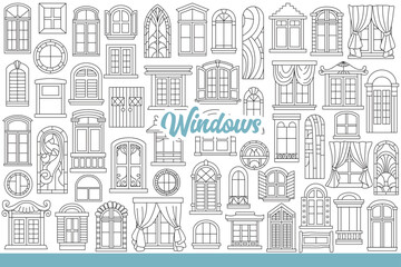 Windows frames and stained glass, decorated with curtains and sills from different architectural styles. Windows for facade of one-story houses or high-rise city buildings. Hand drawn.