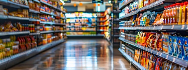 Focused supermarket aisle with shelves stocked with snacks and beverages