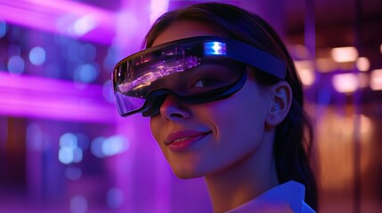 A young woman wearing VR glasses smiles at the camera in a neon-lit room.