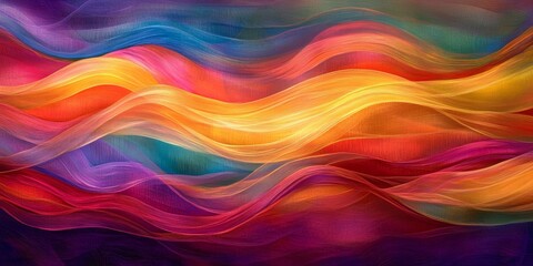 Abstract painting with colorful wavy lines.
