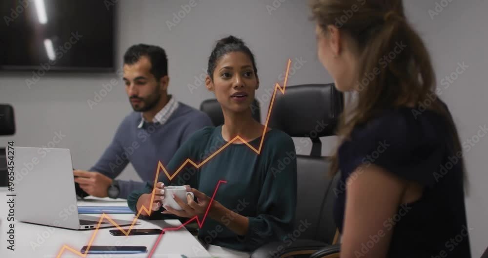 Poster animation of financial data processing over diverse colleagues discussing work in office