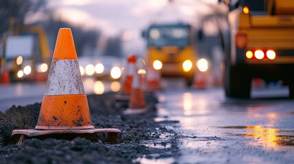 Safety cones and barriers are placed around a road repair area, with construction vehicles and workers seen operating in the background,