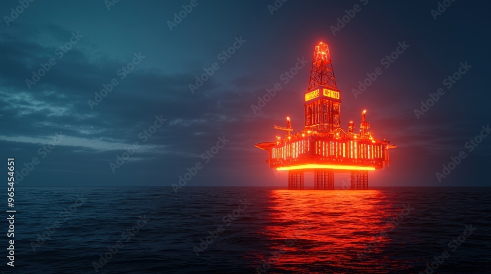 Poster futuristic oil rig with glowing data display in dark ocean -