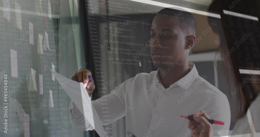 Poster animation of financial data processing over diverse colleagues discussing work in office