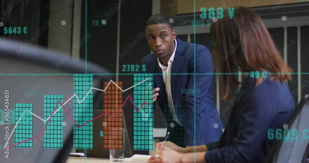 Poster animation of data processing and diagrams over diverse colleagues discussing work in office