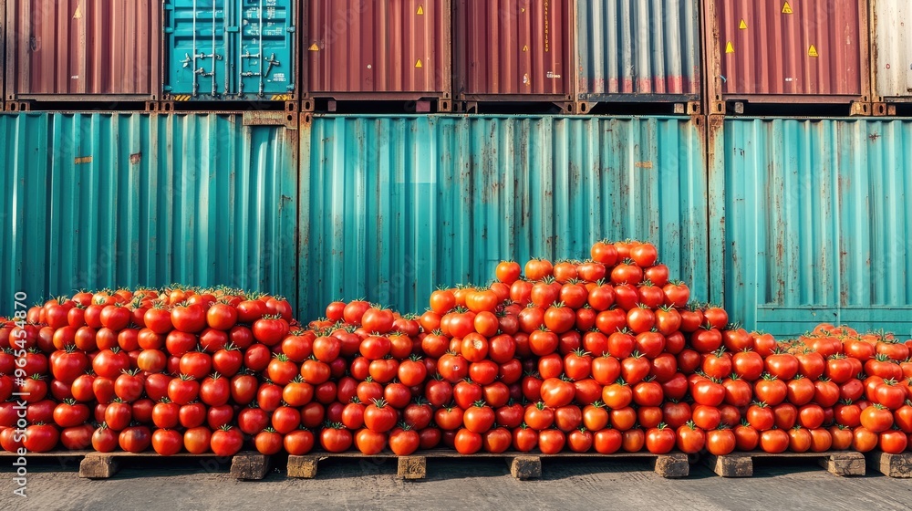 Sticker Tomatoes neatly arranged next to a cargo ship at a port, prepared for export to international markets, highlighting the global food