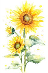 Simple watercolor bright yellow sunflowers on a white background illustration