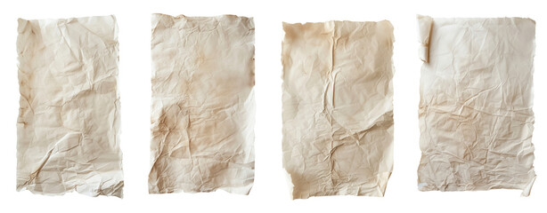 set of vellum parchment white square crumpled papers transparent background