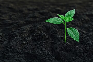 Naklejka premium A young green plant emerging from rich, dark soil, symbolizing growth, renewal, and the beauty of nature.