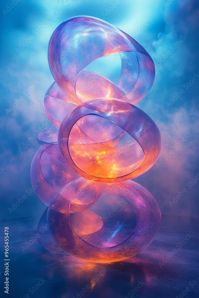 Poster an arrangement of floating 3d rings with glowing edges and soft shadows, illuminated by light streak
