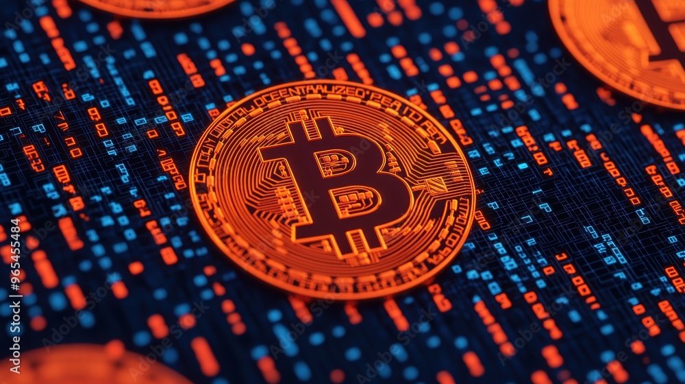 Poster futuristic digital currency concept with blockchain symbols in ray tracing design