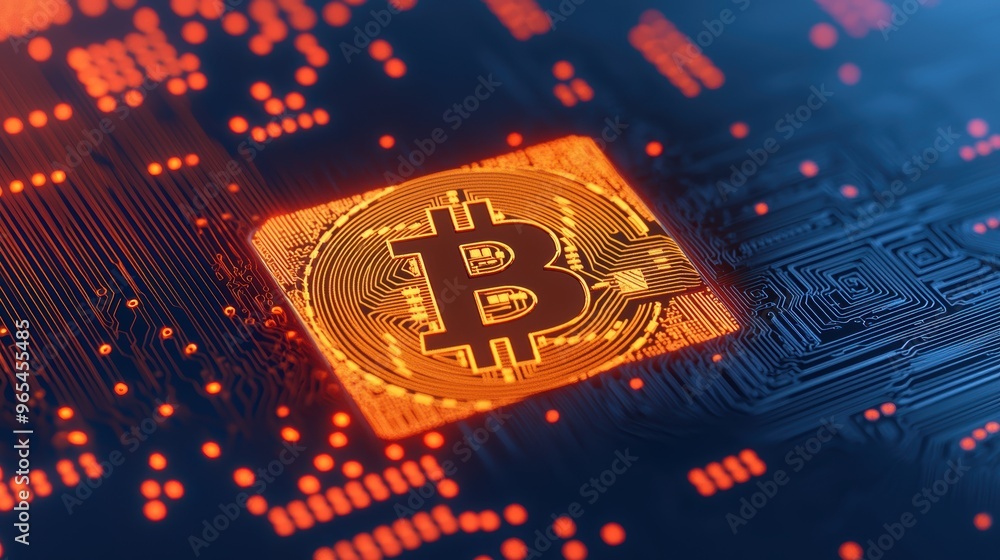 Poster futuristic digital currency concept model with blockchain symbols and ray tracing in quality