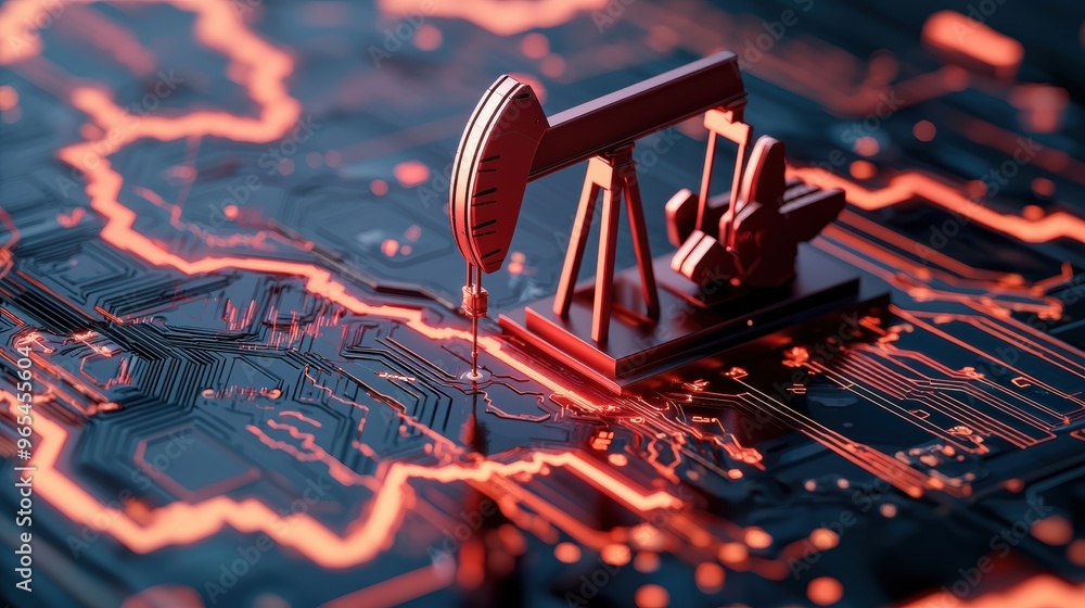 Poster futuristic holographic oil price chart analysis in dark tech interface with selective focus on foreg