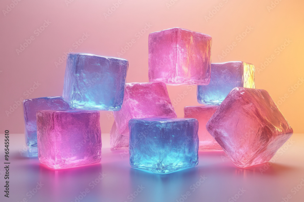 Aufkleber an arrangement of floating 3d cubes with glowing edges and soft shadows, illuminated by light streak