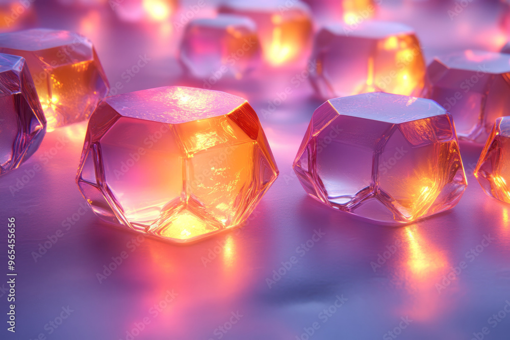 Poster a series of overlapping 3d hexagons with faceted surfaces, each casting elongated shadows and neon l
