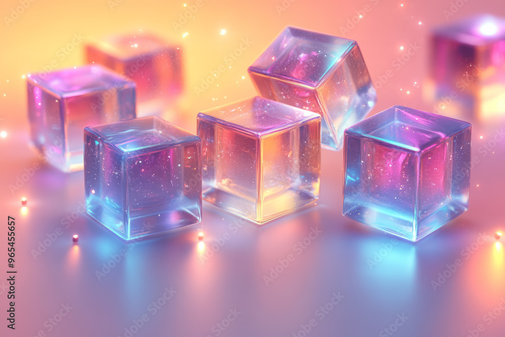 Poster an arrangement of floating 3d cubes with glowing edges and soft shadows, illuminated by light streak