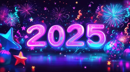 A digital illustration of "2025" with futuristic neon lights, fireworks, and stars, symbolizing the dawn of a new year