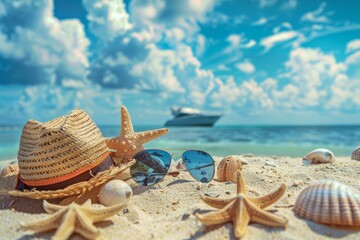 A tranquil beach setting displaying a hat, sunglasses, and starfish on the sand, with clear blue water and a yacht in the background under a vibrant, partly-cloudy sky.