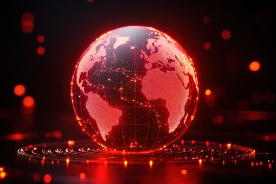 A glowing red globe representing global connectivity and technology, surrounded by abstract lights in a futuristic design.