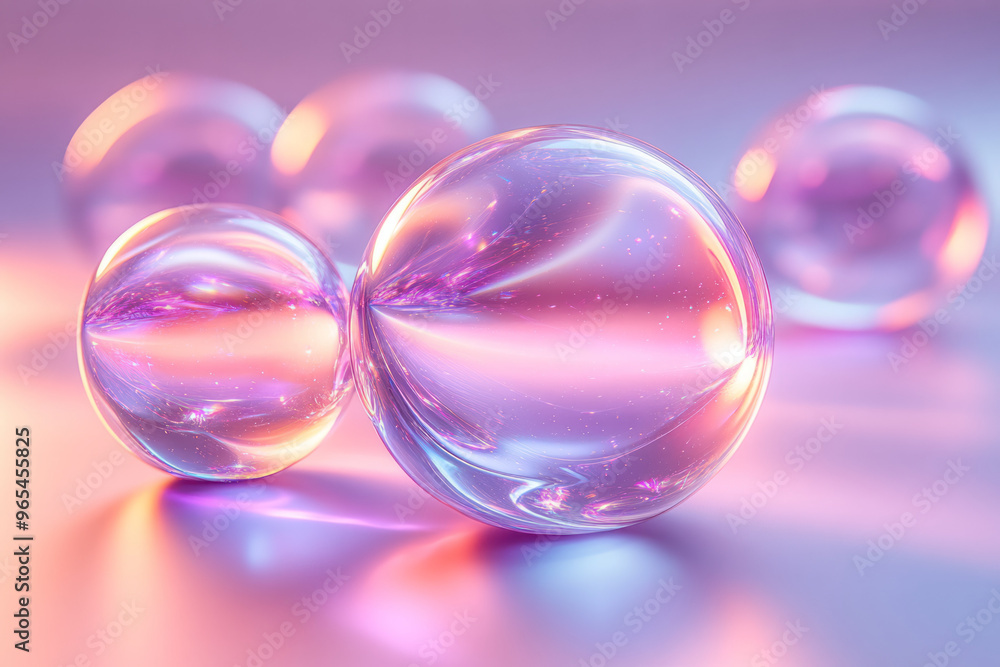 Aufkleber a series of floating 3d orbs with glowing edges and soft shadows, each illuminated by light trails i