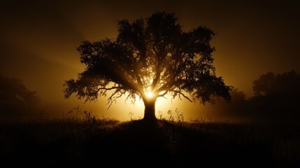 Fototapeta premium _Silhouette_of_a_tree_backlit_against_a_foggy background