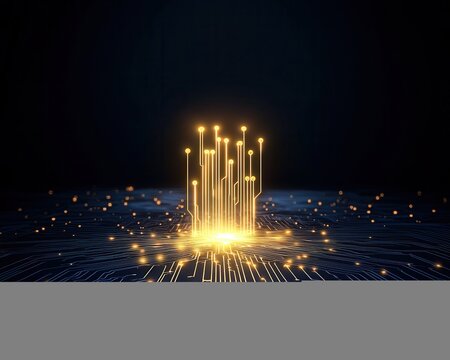 A glowing digital abstraction representing innovation and advanced technology on a circuit board background.