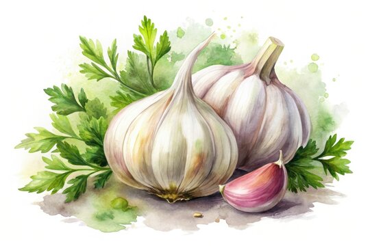 Vibrant watercolor illustration of a delicate garlic bulb with soft, feathery leaves and subtle texture, set against a creamy white background with gentle shadows.