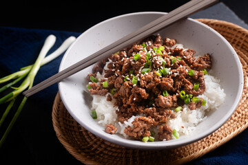 Food concept Korean  ground beef bowl on black background with copy space