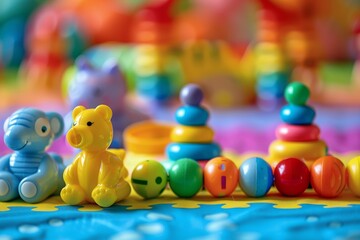 Colorful assorted plastic animal toys including elephants and bears, with stacking rings and other small and interactive toys, spread out on a bright and patterned mat.