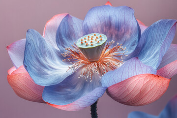 A vibrant anatomical breakdown of a lotus flower with multicolored petals, seed pod, and stem structures, set against a pastel lavender background,