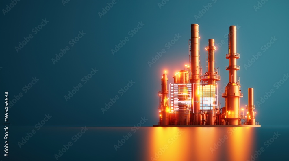 Aufkleber futuristic oil refinery with glowing data display showing energy production metrics - with copy spac