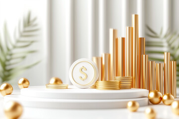 A sleek 3D Podium surrounded by Coin and Gold graph bar chart, set against a clean white background, perfect for showcasing products, financial planning theme, dynamic, blend mode, backdrop