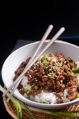 Food concept Korean  ground beef bowl on black background with copy space
