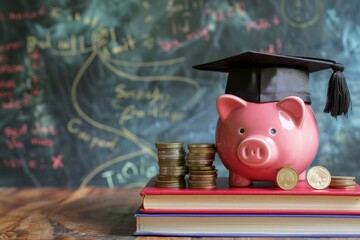 A pink piggy bank donned with a graduation cap sits on books with coin stacks beside it, highlighting educational savings and the importance of financial planning for studies.