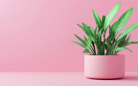 Fototapeta Green plant in a pink pot against a soft pink background. Perfect for interior decor themes and adding a touch of nature to your space.