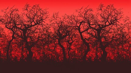 A striking image featuring the silhouette of trees against a dramatic red sky, creating a stark and intense visual scene with an abstract and dramatic appeal.