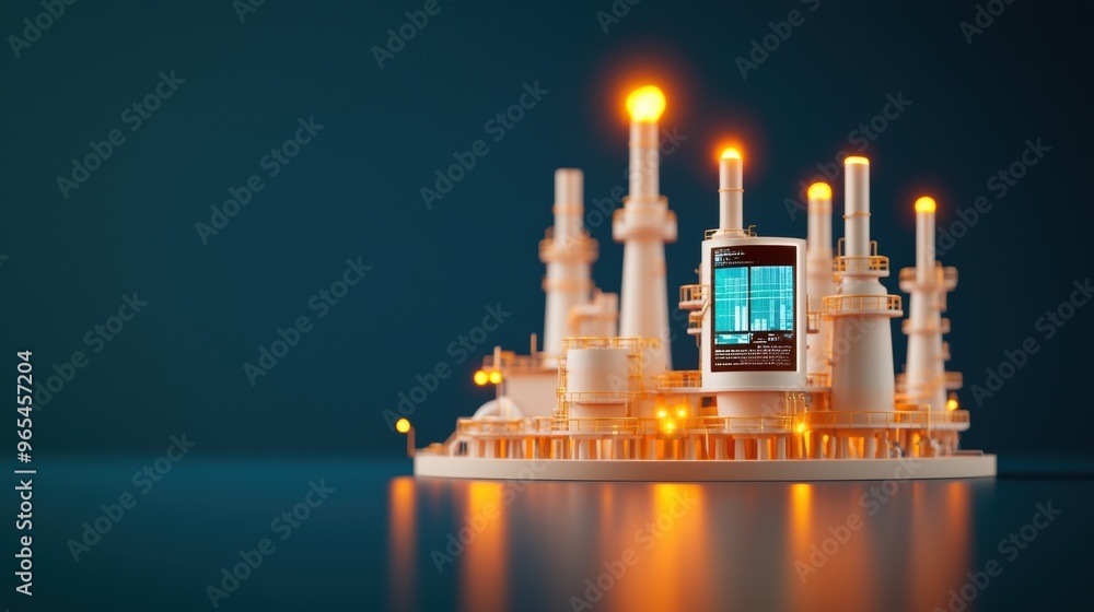 Poster digital futuristic oil refinery with holographic data overlay - energy output on dark background wit