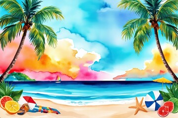 Obraz premium Vibrant Caribbean Beach Digital Watercolor Background for Stunning Visuals