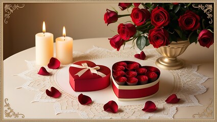 A romantic table setting with roses, candles, and a heart-shaped box of chocolates, perfectly capturing the spirit of Valentine's Day