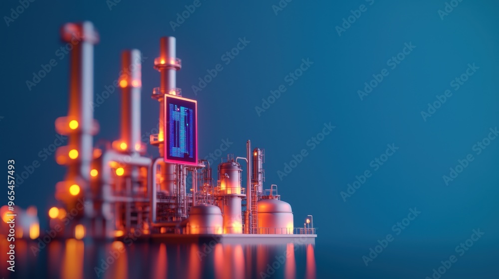 Poster futuristic oil refinery with holographic data visualizations and glowing energy production metrics i