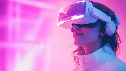 A young woman wearing a virtual reality headset, looking into the distance, with a pink and purple light background.