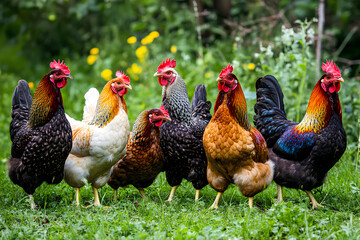 Fototapeta premium A group of colorful chickens standing together in a grassy area.
