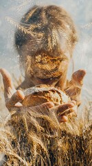 Woman holding a loaf of bread in a field of wheat.