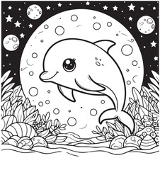 Cute dolphin night swim kid coloring book page 