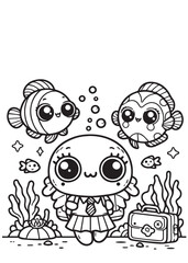 Group cute fish swim in nature sea kid coloring page design 