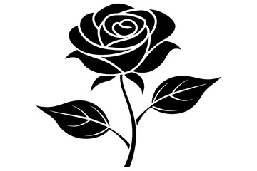 A black and white silhouette of a rose, with a single stem and leaves vector art illustration