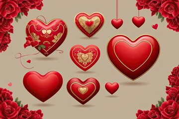 3D Retro Valentine Heart Icon Collection for Romantic Decor and Love Celebrations