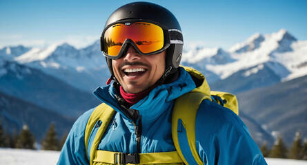 Excited Hispanic male skiing with mountain backdrop in winter holiday background